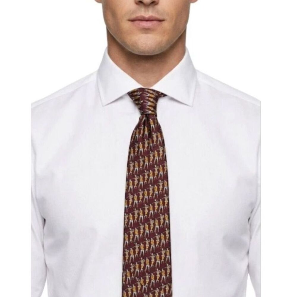 Brooks Brother Men's Burgundy Gold Vintage Golfer Print 100% Silk Tie